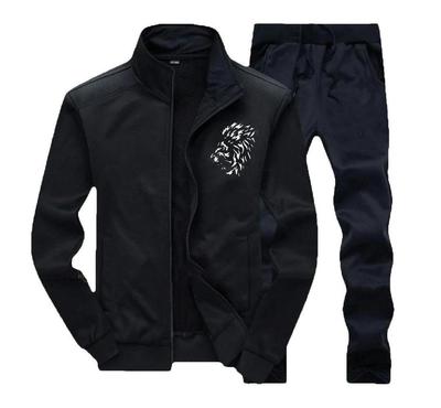 Men's Black Polyester Plain Zipper Tracksuit Two Piece Set Comfort